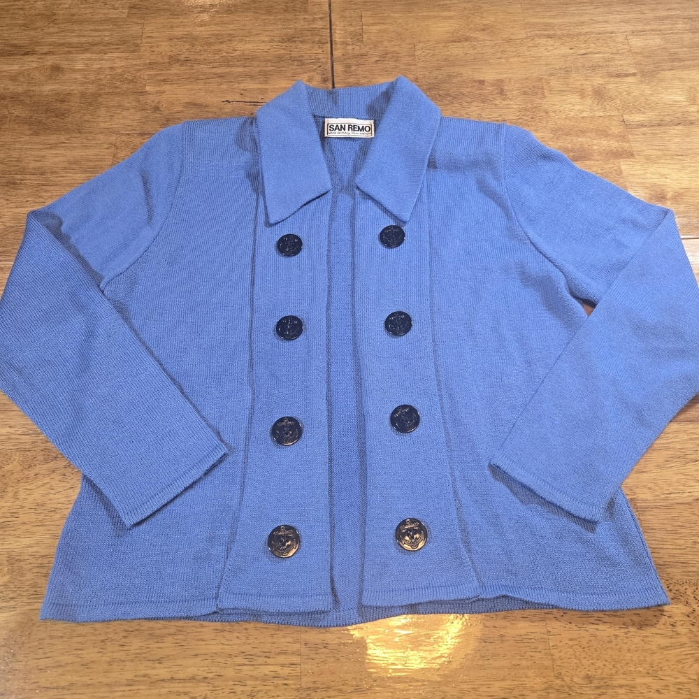 San Remo Cardigan Sweater Womens Medium Blue Nautical Anchor Buttons Vintage USA - Picture 2 of 10